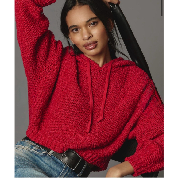 Pilcro Red‎ Chunky Knit Cropped Hoodie Sweater Size Small Cozy Oversized Fit - Picture 3 of 6